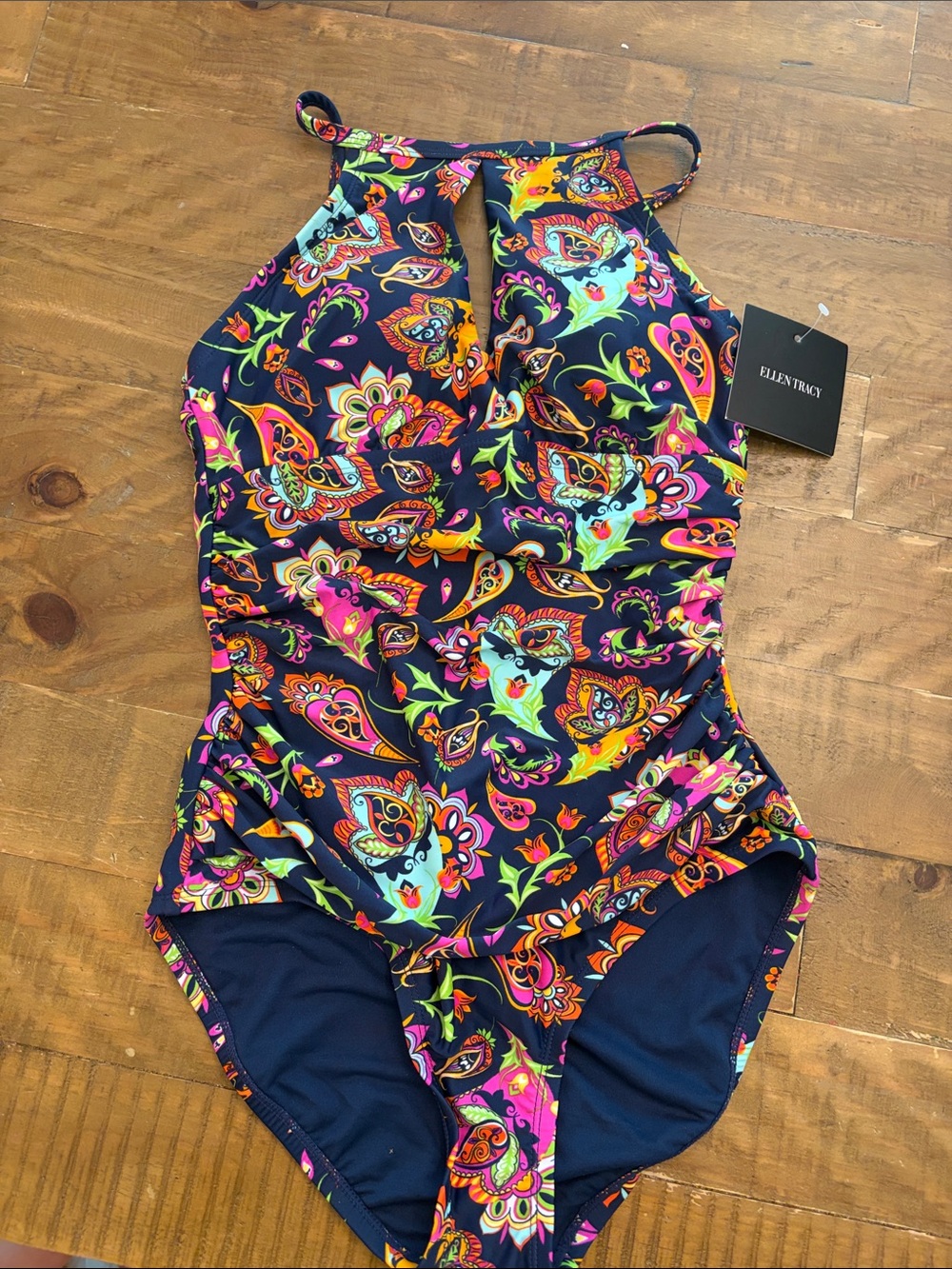 Ellen Tracy Navy One-Piece Swimsuit with Bright Multicolor Paisley
